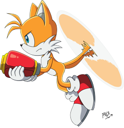 Size: 3309x3400 | Tagged: safe, artist:rgxsupersonic, miles "tails" prower, fox, arm cannon, chest fluff, flying, frown, gloves, gun, holding something, looking ahead, male, shoes, side view, signature, simple background, socks, solo, sonic x, sonic x style, spinning tails, transparent background