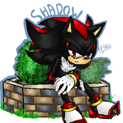 Size: 366x364 | Tagged: safe, artist:blueneedle-inu, shadow the hedgehog, hedgehog, bricks, bush, character name, chest fluff, english text, frown, gloves, grass, leaning in, lidded eyes, male, shoes, simple background, sitting, solo, wall, white background