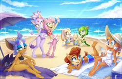 Size: 1280x823 | Tagged: safe, artist:metalpandora, amy rose, blaze the cat, cosmo the seedrian, cream the rabbit, rouge the bat, sally acorn, tikal, beach, group, swimsuit