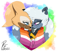 Size: 1319x1144 | Tagged: safe, artist:ridleynemrick, tangle the lemur, whisper the wolf, lemur, wolf, abstract background, duo, female, females only, fingerless gloves, holding something, lesbian, lesbian pride, lidded eyes, looking at each other, one fang, pride, pride flag, shipping, signature, smile, standing, tangle x whisper