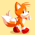 Size: 1000x1000 | Tagged: safe, artist:zoiby, miles "tails" prower, fox, arms out, chest fluff, classic tails, cute, gloves, lineless, looking back, male, pointing, shoes, simple background, smile, socks, solo, tailabetes, walking, yellow background