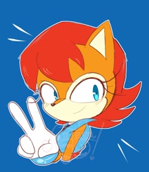 Size: 978x1131 | Tagged: safe, artist:kaiiteaa, sally acorn, blue background, female, gloves, looking offscreen, outline, simple background, smile, solo, v sign