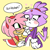 Size: 730x736 | Tagged: safe, artist:cherucat, amy rose, blaze the cat, cat, hedgehog, :<, amybetes, blazeabetes, blushing, cute, dialogue, duo, english text, eyes closed, female, females only, gloves, heart, lesbian, looking at them, purring, scritches, shipping, simple background, speech bubble, standing, yellow background