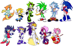 Size: 1280x813 | Tagged: safe, artist:drawloverlala, amy rose, bernadette hedgehog, breezie the hedgehog, jules hedgehog, manik the hedgehog, merna the merhog, queen aleena, scourge the hedgehog, sonia the hedgehog, tania the hedgehog, uncle chuck, hedgehog, adventures of sonic the hedgehog, sonic underground, child, everyone is here, female, group, male, merhog, redesign, robian, robot, roboticized, simple background, transparent background