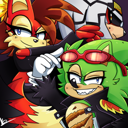 Size: 1000x1000 | Tagged: safe, artist:radicshonics, dr. finitevus, fiona fox, scourge the hedgehog, adjusting glasses, looking offscreen, signature, trio