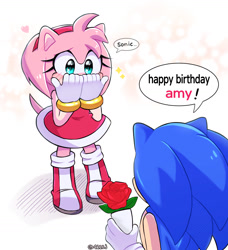 Size: 1446x1588 | Tagged: safe, artist:4622j, amy rose, sonic the hedgehog, amy x sonic, duo, hands on own face, rose, shipping, straight