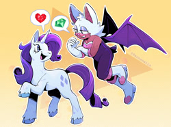 Size: 1280x953 | Tagged: safe, artist:fernsnailz, rouge the bat, crossover, dialogue, duo, flying, non text dialogue, rarity, rouge's heart top, talking