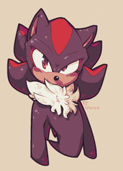 Size: 750x1040 | Tagged: safe, artist:ghost-of-hooxie, shadow the hedgehog, 2020, beige background, blushing, chest fluff, frown, looking at viewer, male, ms paint, signature, simple background, solo