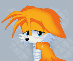 Size: 1600x1330 | Tagged: safe, artist:montyth, miles "tails" prower, 2020, abstract background, blushing, crying, ear fluff, floppy ears, frown, hand on own arm, lidded eyes, looking back, modern tails, sad, solo, tears of sadness