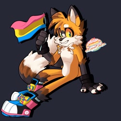 Size: 2048x2048 | Tagged: safe, artist:oocarrotcakeoo, miles "tails" prower, 2022, alternate shoes, claws, fingerless gloves, flag, grey background, holding something, looking at viewer, pansexual, pansexual pride, pride, pride flag, shadow (lighting), simple background, sitting, smile, solo, yellow sclera