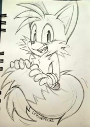 Size: 724x1024 | Tagged: safe, artist:lebluenooki, miles "tails" prower, 2023, blushing, holding tail, looking at viewer, mouth open, pencilwork, signature, sketch, smile, solo, traditional media