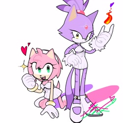 Size: 1600x1600 | Tagged: safe, artist:sonixjax, amy rose, blaze the cat, cat, hedgehog, 2023, amy x blaze, cute, dress, female, females only, flame, hearts, lesbian, shipping, sparkle