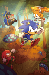 Size: 1252x1936 | Tagged: safe, artist:artbyriana, robotnik, sonic the hedgehog, abstract background, classic knuckles, classic robotnik, classic sonic, classic tails, climbing, eggmobile, flying, group, mushroom, mushroom hill, running, signature, sonic the hedgehog 3, spinning tails, sunray, tree