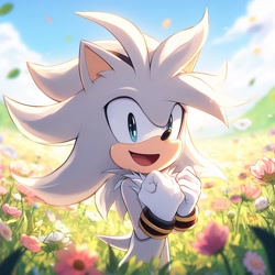 Size: 1024x1024 | Tagged: safe, ai art, oc, hedgehog, abstract background, chest fluff, clenched fists, clouds, daytime, field, flower, looking at viewer, male, mouth open, oc only, outdoors, smile, solo, standing, unknown oc