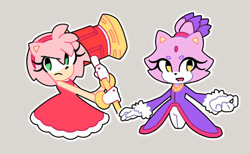 Size: 650x400 | Tagged: safe, artist:l-loneybun, amy rose, blaze the cat, cat, hedgehog, 2019, amy x blaze, amy's halterneck dress, blaze's tailcoat, cute, female, females only, lesbian, piko piko hammer, shipping, sticker