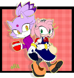 Size: 1024x1087 | Tagged: safe, artist:kiwisharku, amy rose, blaze the cat, cat, hedgehog, 2017, amy x blaze, cute, female, females only, lesbian, looking at them, shipping