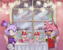 Size: 1024x813 | Tagged: safe, artist:cuteytcat, amy rose, blaze the cat, cat, hedgehog, 2018, amy x blaze, amy's halterneck dress, blaze's tailcoat, cake, cute, date, eyes closed, female, females only, hearts, lesbian, shipping