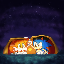 Size: 2048x2048 | Tagged: safe, artist:snt0skt, miles "tails" prower, sonic the hedgehog, :o, abstract background, blanket, blushing, cute, duo, gay, heart, mouth open, nighttime, outdoors, shipping, smile, sonabetes, sonic x tails, star (sky), tailabetes