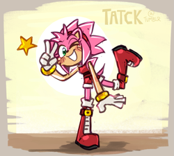 Size: 1007x905 | Tagged: safe, artist:tatck, amy rose, abstract background, alternate outfit, blushing, boots, clenched teeth, looking at viewer, signature, smile, solo, standing on one leg, star (symbol), v sign, wink