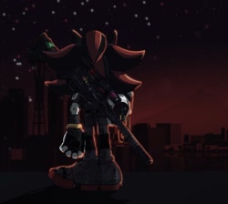 Size: 1339x1200 | Tagged: safe, artist:draconizuka, shadow the hedgehog, abstract background, back view, cityscape, gun, looking ahead, nighttime, outdoors, solo, standing, star (sky)