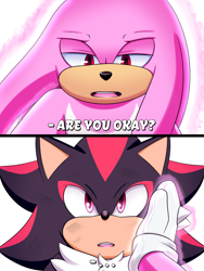 Size: 1500x2000 | Tagged: safe, artist:fire-for-battle, knuckles the echidna, shadow the hedgehog, super knuckles, 2022, dialogue, duo, english text, gay, hand on another's face, knuxadow, looking at each other, mouth open, scratch (injury), shipping, simple background, super form, white background