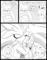 Size: 3100x3953 | Tagged: safe, artist:fire-for-battle, miles "tails" prower, rouge the bat, silver the hedgehog, sonic the hedgehog, 2023, blushing, comic, dialogue, english text, eyes closed, gay, greyscale, group, holding each other, kiss, monochrome, panels, shipping, sonilver, standing, surprised