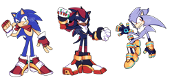 Size: 1972x949 | Tagged: safe, artist:creativriot, shadow the hedgehog, silver the hedgehog, sonic the hedgehog, alternate universe, backwards v sign, bandana, ear fluff, fingerless gloves, flying, frown, redesign, scar, smile, soap shoes, standing, trio