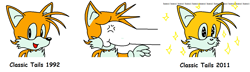 Size: 1277x368 | Tagged: safe, artist:satam-junkie, miles "tails" prower, 2011, classic tails, cross popping vein, design comparison, duo, english text, kawai, mouth open, offscreen character, op has a point, punching, simple background, solo focus, sparkles, star (symbol), style comparison, tails abuse, unknown character, white background