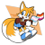 Size: 1166x1158 | Tagged: safe, artist:survivalstep, miles "tails" prower, fox, aviator jacket, featured image, flag, gender swap, holding something, lesbian pride, one fang, pride, semi-transparent background, solo, trans female, trans girl tails, trans pride, transgender