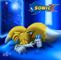 Size: 600x584 | Tagged: safe, artist:cicakkia, miles "tails" prower, sonic the hedgehog, 2009, bed, clenched teeth, crying, eyes closed, floppy ears, holding something, indoors, logo, lying on front, moon, nighttime, signature, solo, sonic x, star (sky), tears, tears of sadness