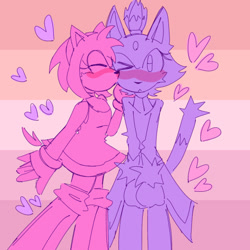 Size: 540x540 | Tagged: safe, artist:sharkuro, amy rose, blaze the cat, cat, hedgehog, 2023, amy x blaze, amy's halterneck dress, blaze's tailcoat, blushing, cute, eyes closed, female, females only, hearts, kiss on cheek, lesbian, lesbian pride, one eye closed, pride, pride flag background, shipping