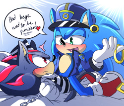 Size: 1145x974 | Tagged: safe, artist:angelofhapiness, shadow the hedgehog, sonic the hedgehog, 2014, abstract background, bed, blushing, bondage, chain, dialogue, duo, english text, frown, gay, hat, heart, jacket, lidded eyes, looking at each other, lying down, mouth open, police outfit, ring, robber outfit, shackles, shadow x sonic, shipping, shirt, sitting on them, smile, this will end in sex