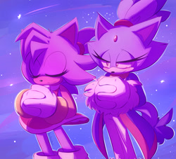 Size: 1280x1160 | Tagged: safe, artist:buckettkun, amy rose, blaze the cat, cat, hedgehog, 2020, amy x blaze, amy's halterneck dress, blaze's tailcoat, cute, eyes closed, female, females only, hands together, lesbian, shipping