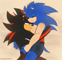 Size: 1550x1500 | Tagged: safe, artist:lighty-ender974, shadow the hedgehog, sonic the hedgehog, 2023, cuddling, duo, eyes closed, gay, gloves off, lidded eyes, lying down, lying on side, shadow x sonic, shipping, shorts