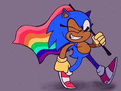 Size: 1280x960 | Tagged: safe, artist:skeletonpendeja, sonic the hedgehog, eyelashes, holding something, looking at viewer, male, pride, pride flag, purple background, shadow (lighting), simple background, smile, solo, top surgery scars, trans male, transgender, walking, wink