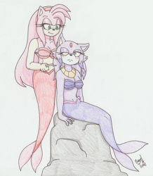 Size: 2035x2338 | Tagged: safe, artist:bageloftime, amy rose, blaze the cat, cat, hedgehog, 2023, amy x blaze, blushing, brushing hair, cute, female, females only, lesbian, mermaid, one eye closed, shipping, traditional media