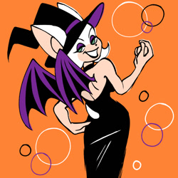 Size: 768x768 | Tagged: safe, artist:lazarus171, rouge the bat, backless dress, grin, hand on hip, looking back at viewer, orange background, witch hat, witch outfit