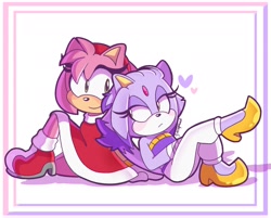 Size: 1954x1574 | Tagged: safe, artist:martinc0re, amy rose, blaze the cat, cat, hedgehog, 2021, amy x blaze, amy's halterneck dress, cute, female, females only, hearts, lesbian, looking back at them, shipping