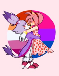 Size: 1036x1336 | Tagged: safe, artist:inidemoie, amy rose, blaze the cat, cat, hedgehog, 2021, amy x blaze, bisexual pride, blaze's tailcoat, blushing, cute, dress, eyes closed, female, females only, holding them, lesbian, lesbian pride, noses are touching, pride, shipping