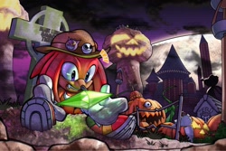 Size: 2000x1334 | Tagged: safe, artist:sammy tighe, knuckles the echidna, pumpkin hill, excited, master emerald shard, moon, nighttime, pumpkin