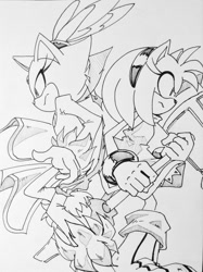 Size: 1024x1371 | Tagged: safe, artist:smsskullleader, amy rose, blaze the cat, cat, hedgehog, 2015, amy x blaze, amy's halterneck dress, back to back, blaze's tailcoat, female, females only, lesbian, piko piko hammer, shipping, sketch, traditional media