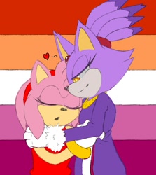 Size: 1068x1200 | Tagged: safe, artist:mistygryphon, amy rose, blaze the cat, cat, hedgehog, 2023, amy x blaze, amy's halterneck dress, blaze's tailcoat, cute, eyes closed, female, females only, hugging, lesbian, lesbian pride, pride, pride flag background, shipping