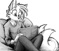 Size: 968x825 | Tagged: safe, artist:revheadarts, miles "tails" prower, greyscale, reading, white background