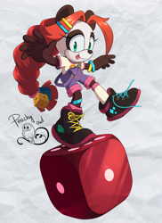 Size: 600x822 | Tagged: safe, artist:peachyowlart, oc, rings and running shoes, balancing, dice, looking at viewer, panda, tongue out