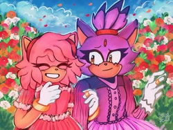 Size: 1080x810 | Tagged: safe, artist:squidless01, amy rose, blaze the cat, cat, hedgehog, 2023, amy x blaze, cute, eyes closed, female, females only, flowers, hand on arm, lesbian, looking at them, ring (jewelry), shipping