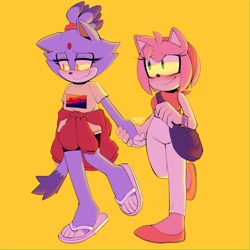 Size: 1200x1200 | Tagged: safe, artist:_deaddu, amy rose, blaze the cat, cat, hedgehog, 2020, amy x blaze, bag, blushing, cute, female, females only, holding hands, lesbian, sandals, shipping, t-shirt