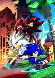 Size: 1013x1433 | Tagged: safe, artist:shazshanghari, shadow the hedgehog, silver the hedgehog, sonic the hedgehog