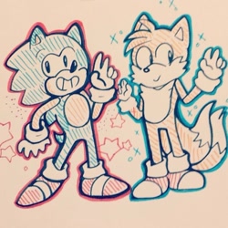 Size: 728x728 | Tagged: safe, artist:floralete, miles "tails" prower, sonic the hedgehog, duo, outline, smile, sparkles, standing, star (symbol), traditional media