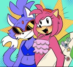 Size: 680x623 | Tagged: safe, artist:cherrycro, amy rose, blaze the cat, cat, hedgehog, 2022, among us, amy x blaze, bikini, female, females only, lesbian, mouth open, shipping, star (symbol), sticker, sun, sunglasses, surfboard, trans pride