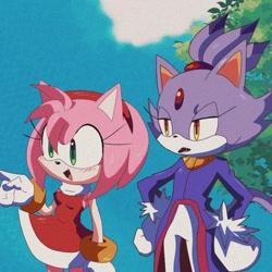 Size: 1000x1000 | Tagged: safe, artist:amyrosesimp1, amy rose, blaze the cat, cat, hedgehog, 2022, alternate version, amy x blaze, amy's halterneck dress, blaze's tailcoat, cute, female, females only, lesbian, looking at them, shipping